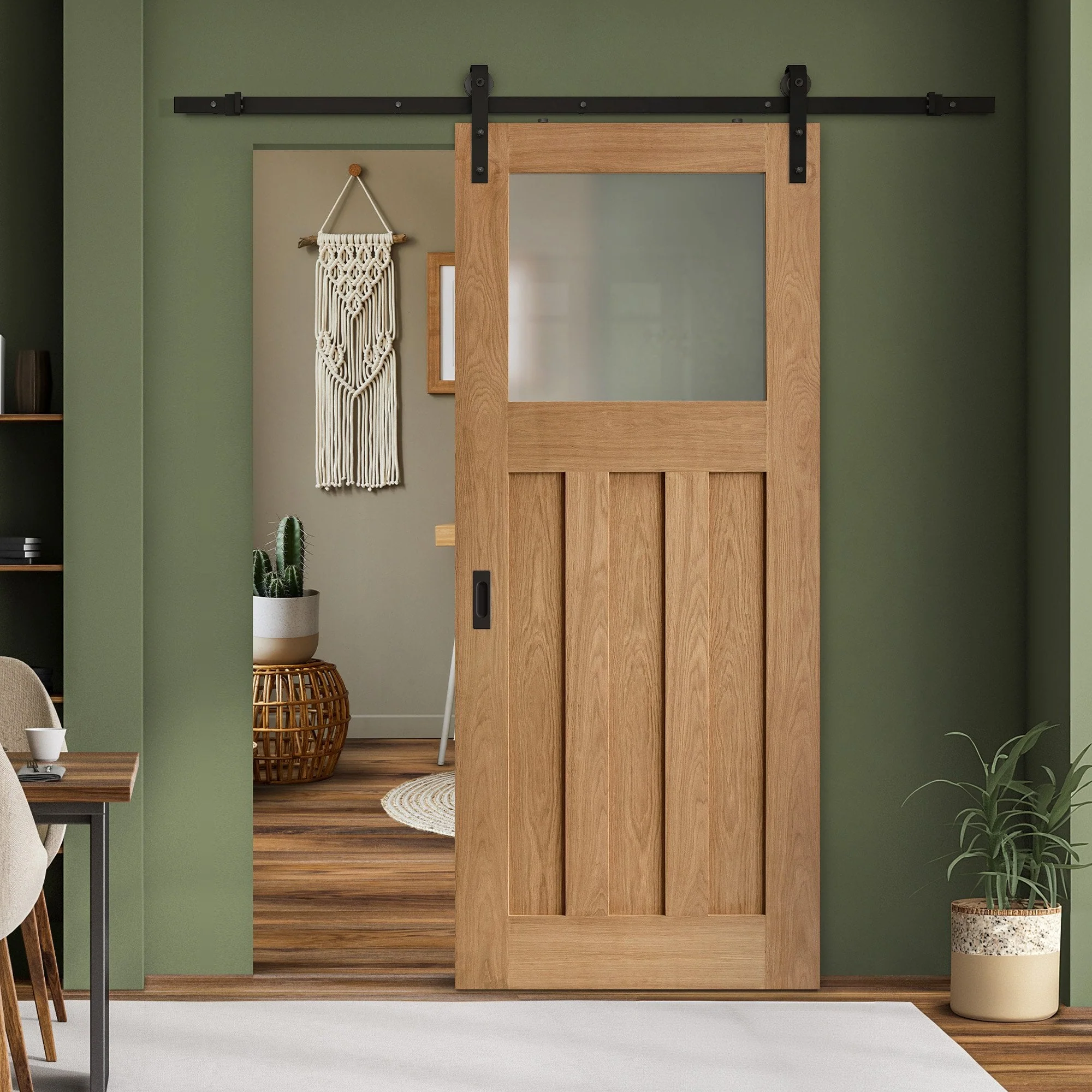 Oak Internal Unfinished 1930's DX 3 Panel 1 Light Obscure Glass Sliding Door - Black Face Mounted